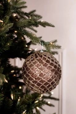 6” Glittered 2 Tone Net Ball Christmas Ornaments - Chocolate/Champagne