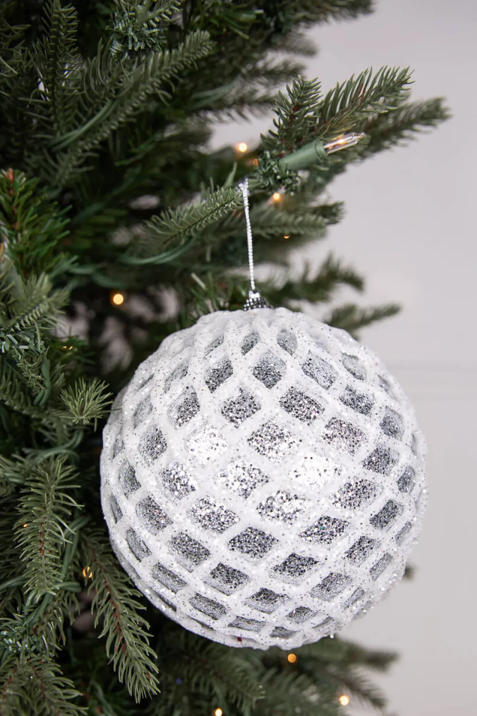 6” Glittered 2 Tone Silver/White Net Ball Christmas Ornament