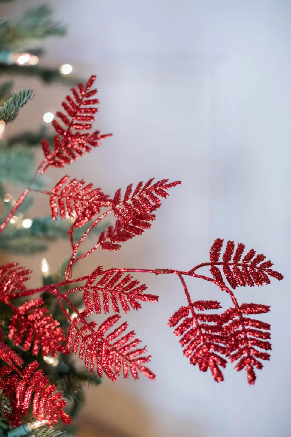 35” Glitter Lacy Fern Leaf Spray Red