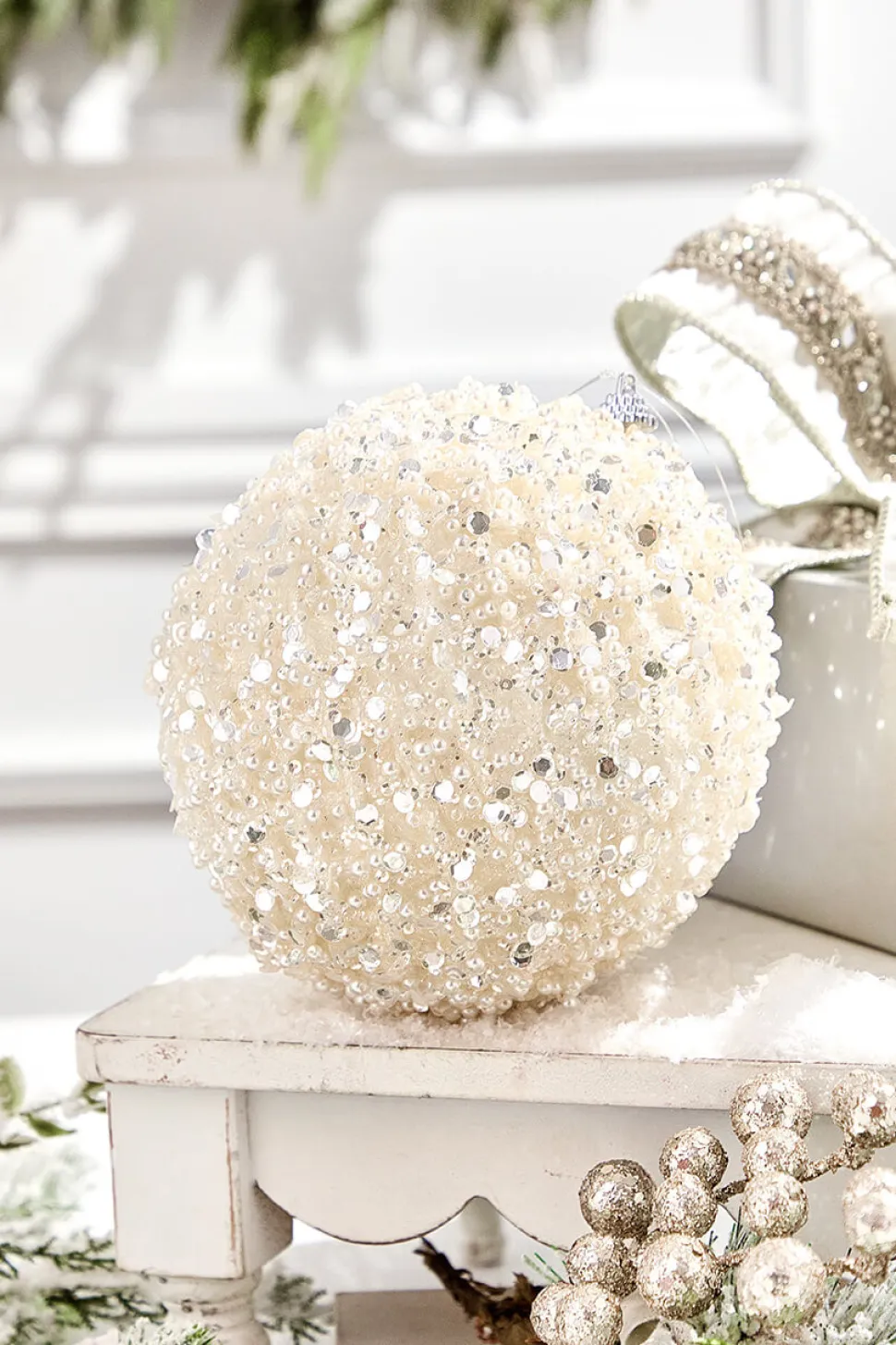 6" Glitter & Pearl Patterned Ball Ornament