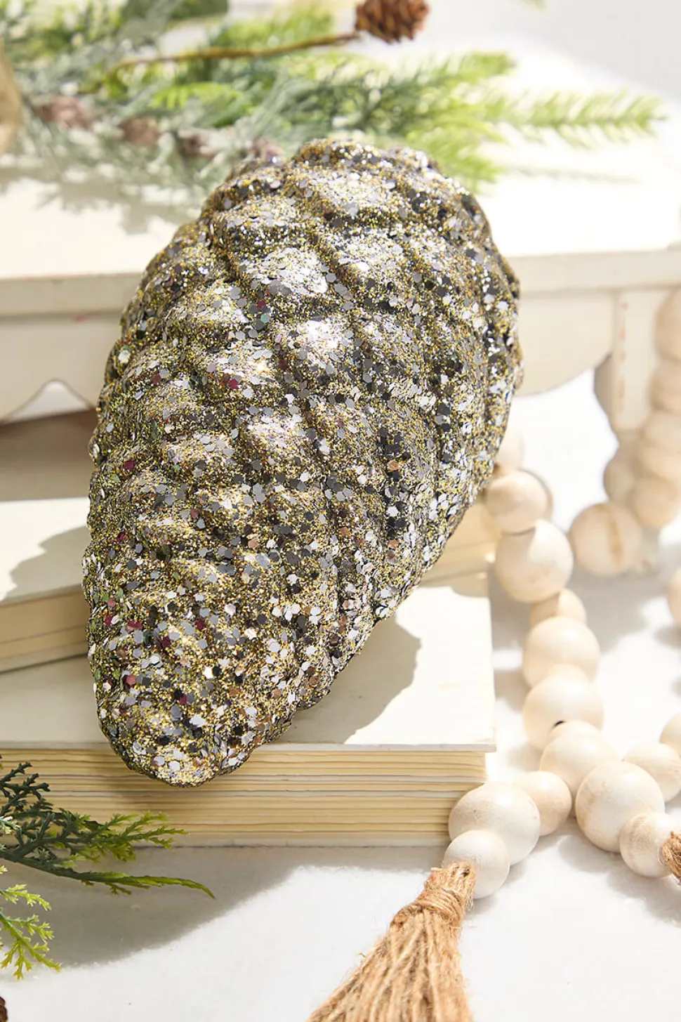9" Glitter Pinecone with Hanger - Charcoal