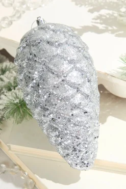9" Glitter Pinecone with Hanger - Silver