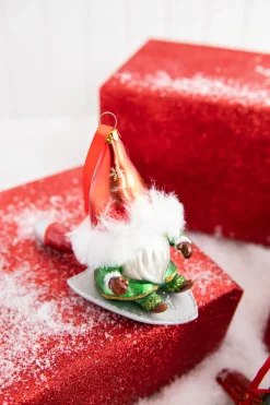 5” Gnome Riding A Cardinal/Tree/Shovel Glass Ornament