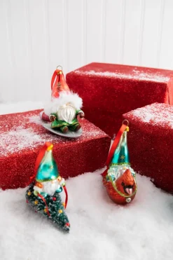 5” Gnome Riding A Cardinal/Tree/Shovel Glass Ornament