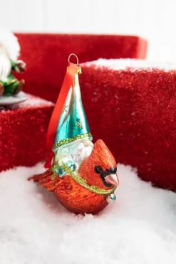 5” Gnome Riding A Cardinal/Tree/Shovel Glass Ornament