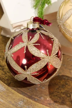 4” Gold & Burgundy Ball Glass Ornament