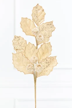 27" Gold Glitter Berry Leaf Spray