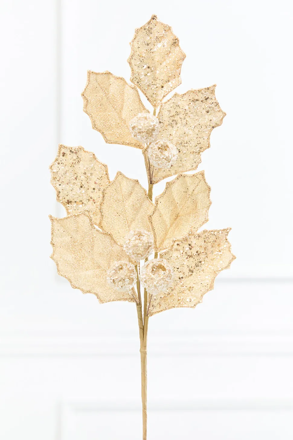 27" Gold Glitter Berry Leaf Spray