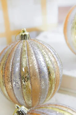4" Gold/Silver Stripe Mercury Ball Ornament Box - Set of 4