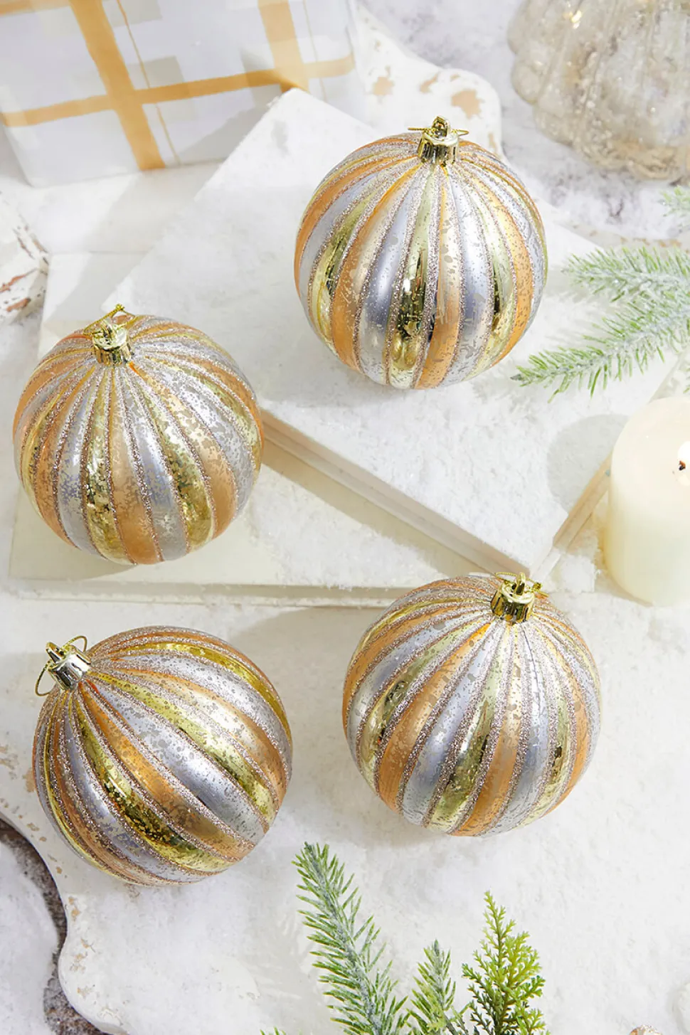 4" Gold/Silver Stripe Mercury Ball Ornament Box - Set of 4