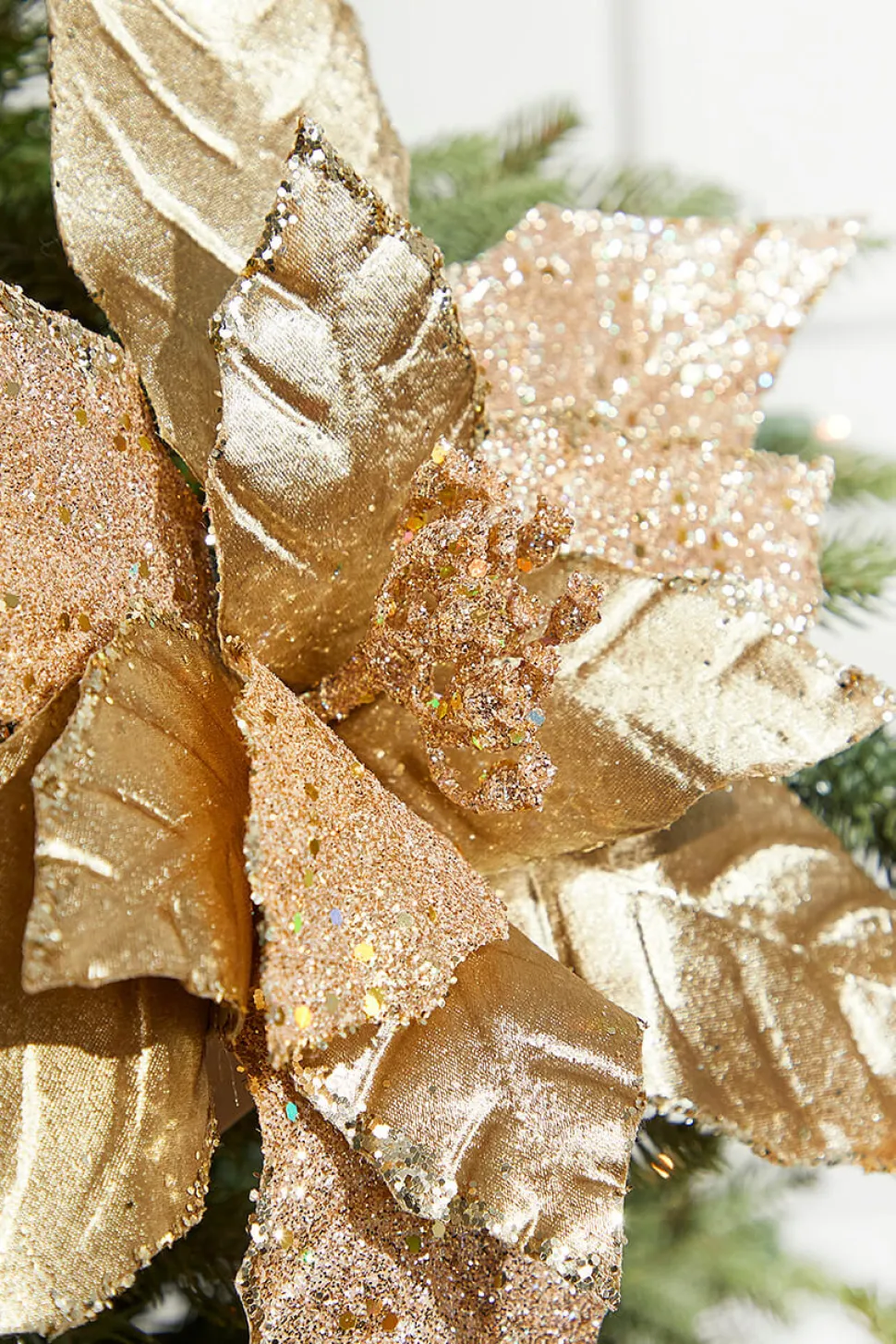 13" Gold Velvet Glitter Poinsettia Stem