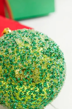 4" Green Beaded Metallic Ball Ornament