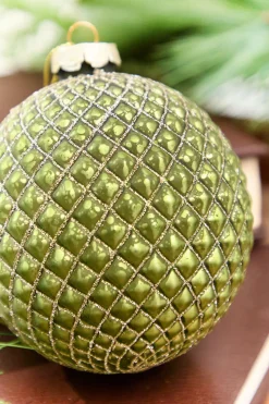 4" Green Glass Quilted Glitter Check Ball Ornament