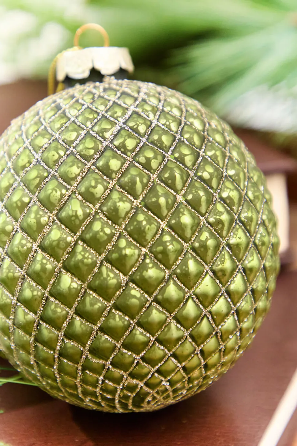 4" Green Glass Quilted Glitter Check Ball Ornament