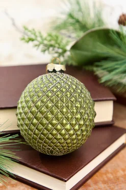4" Green Glass Quilted Glitter Check Ball Ornament