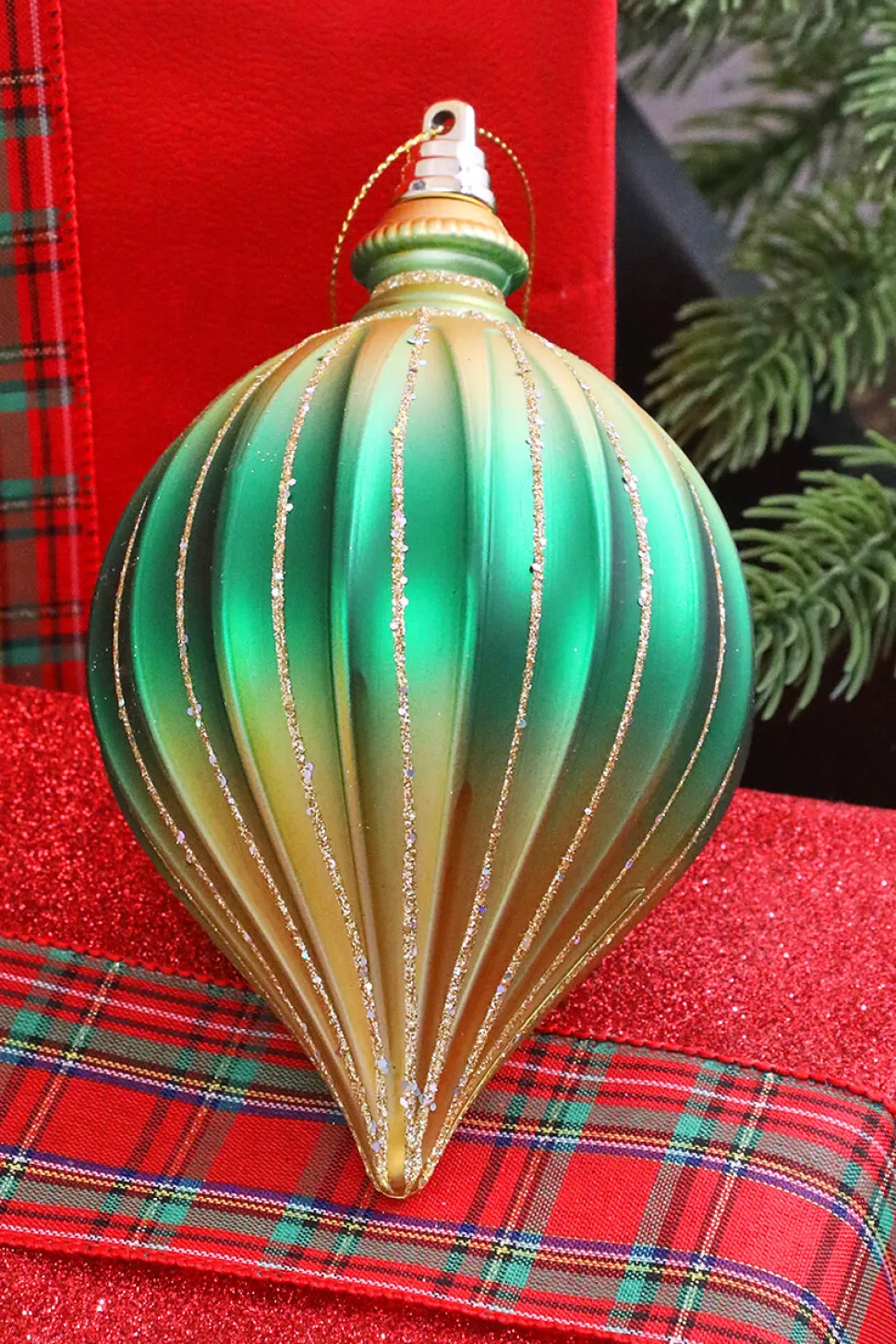 6” Green & Gold Drop Ornament