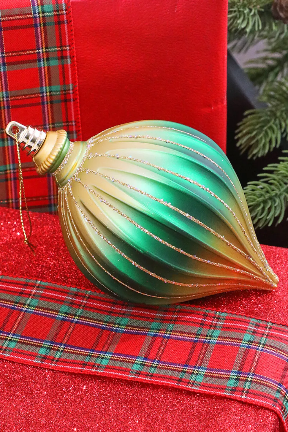 6” Green & Gold Drop Ornament