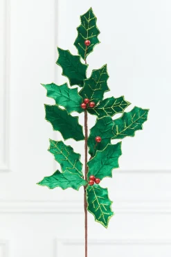 28" Green & Red Holly Leaves Spray