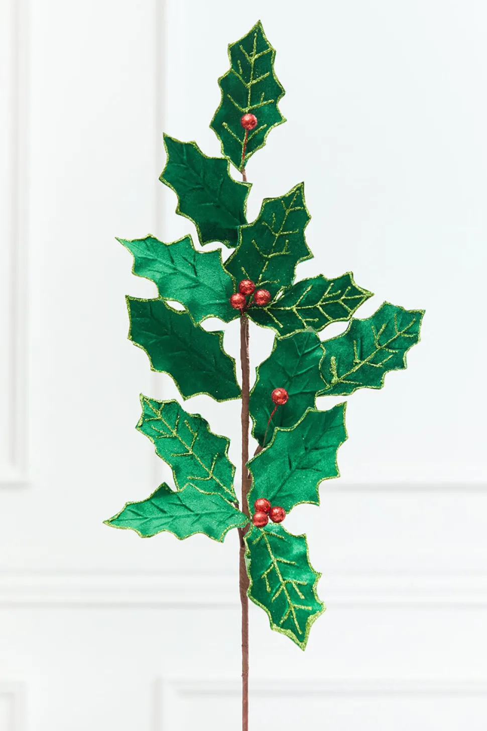 28" Green & Red Holly Leaves Spray