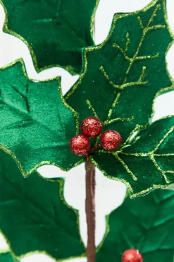 28" Green & Red Holly Leaves Spray