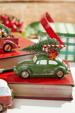 5" Green & Red Resin Retro Vehicle Ornament with Tree