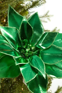 24" Green Retro Poinsettia Stem with Jingle Bells