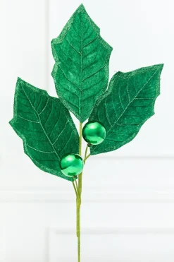 30" Green Velvet Holly Leaves Spray