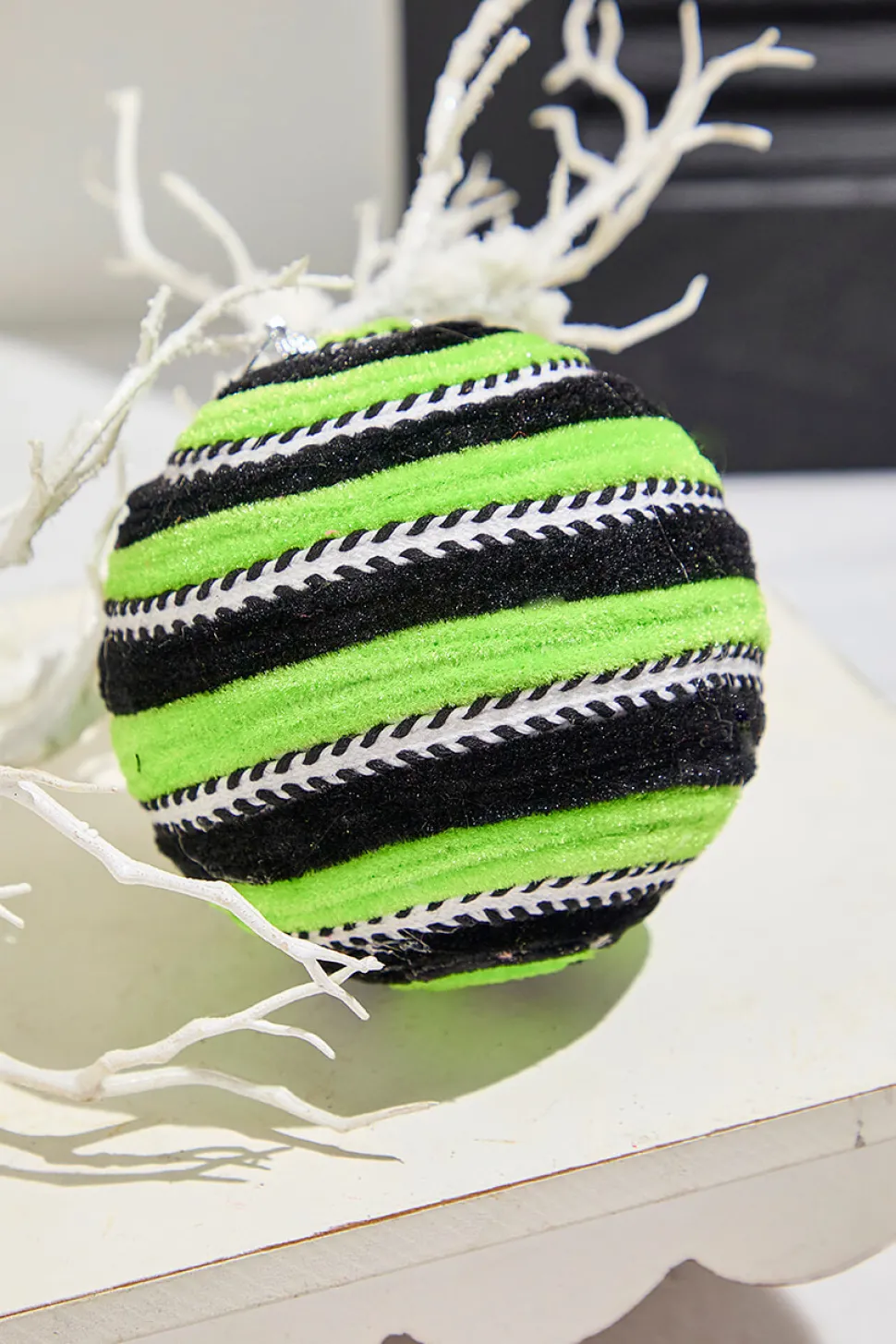 5" Green Velvet Stripe Ball Ornament