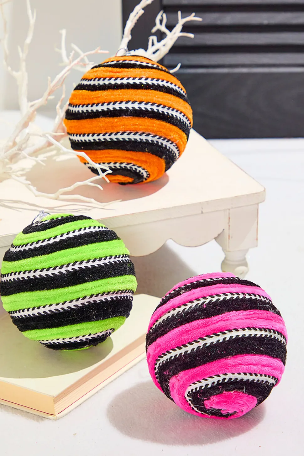 5" Green Velvet Stripe Ball Ornament