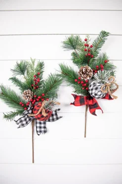 18” Holiday Pine Pick with Buffalo Check Ornament & Berries