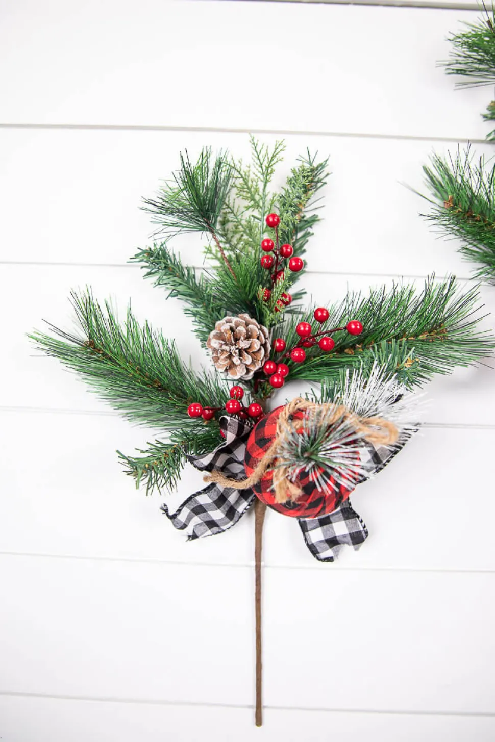 18” Holiday Pine Pick with Buffalo Check Ornament & Berries
