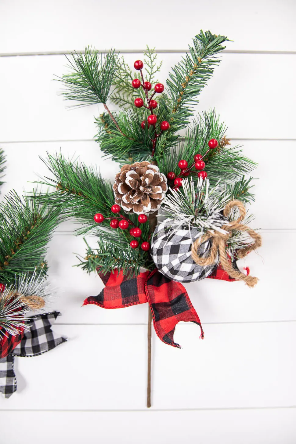 18” Holiday Pine Pick with Buffalo Check Ornament & Berries