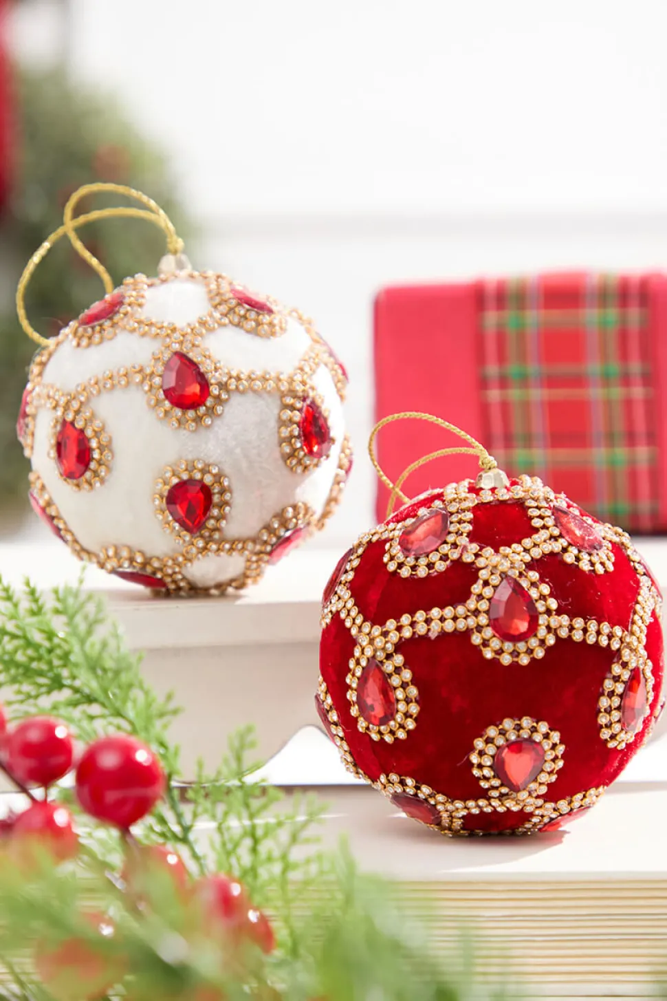 4" Ivory Velvet with Jewel & Rhinestone Ball Ornament