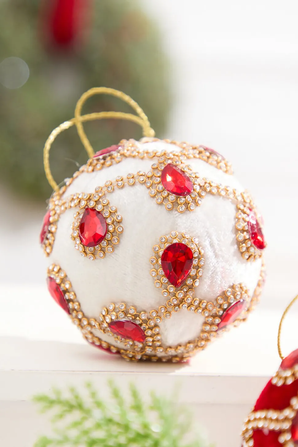 4" Ivory Velvet with Jewel & Rhinestone Ball Ornament
