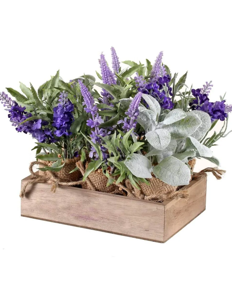9” Lavender & Lamb’s Ear In Burlap with Crate - Set of 6