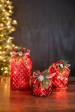 Lighted Holiday Glass Luminary w/ Floral Accent and Timer (battery operated) - Set of 3