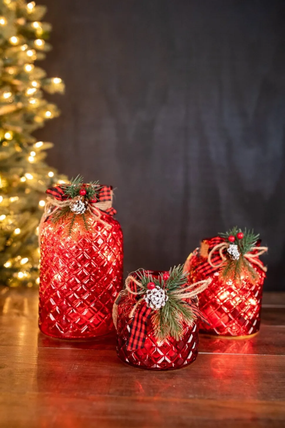 Lighted Holiday Glass Luminary w/ Floral Accent and Timer (battery operated) - Set of 3
