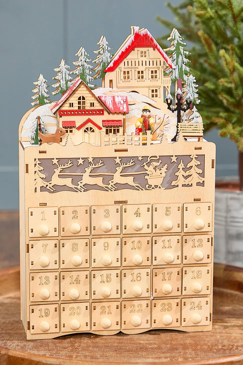 14.1" Lighted Laser Cut Wood Holiday Village Advent Calendar