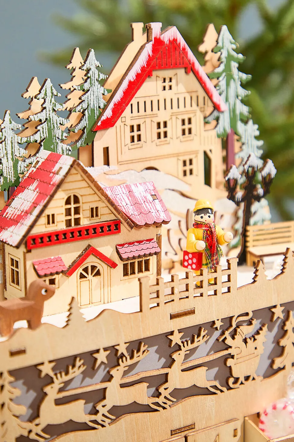 14.1" Lighted Laser Cut Wood Holiday Village Advent Calendar