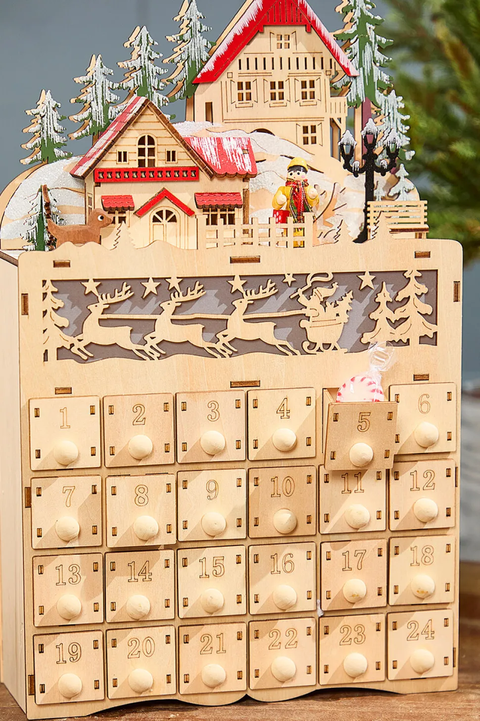 14.1" Lighted Laser Cut Wood Holiday Village Advent Calendar