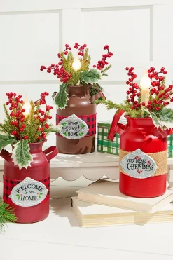 12" Lighted Metal Milk Can with Pine & Berry Arrangement