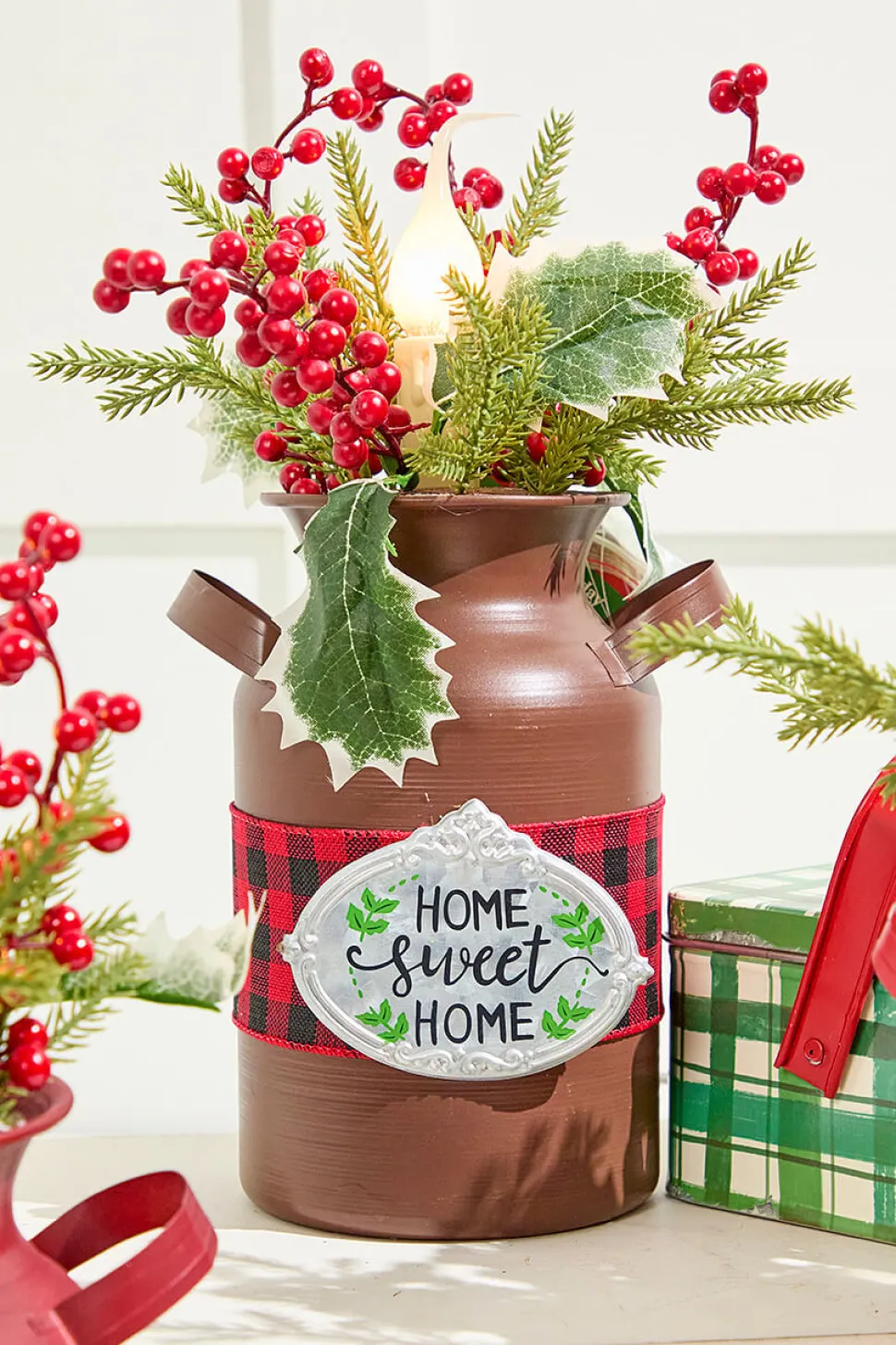 12" Lighted Metal Milk Can with Pine & Berry Arrangement