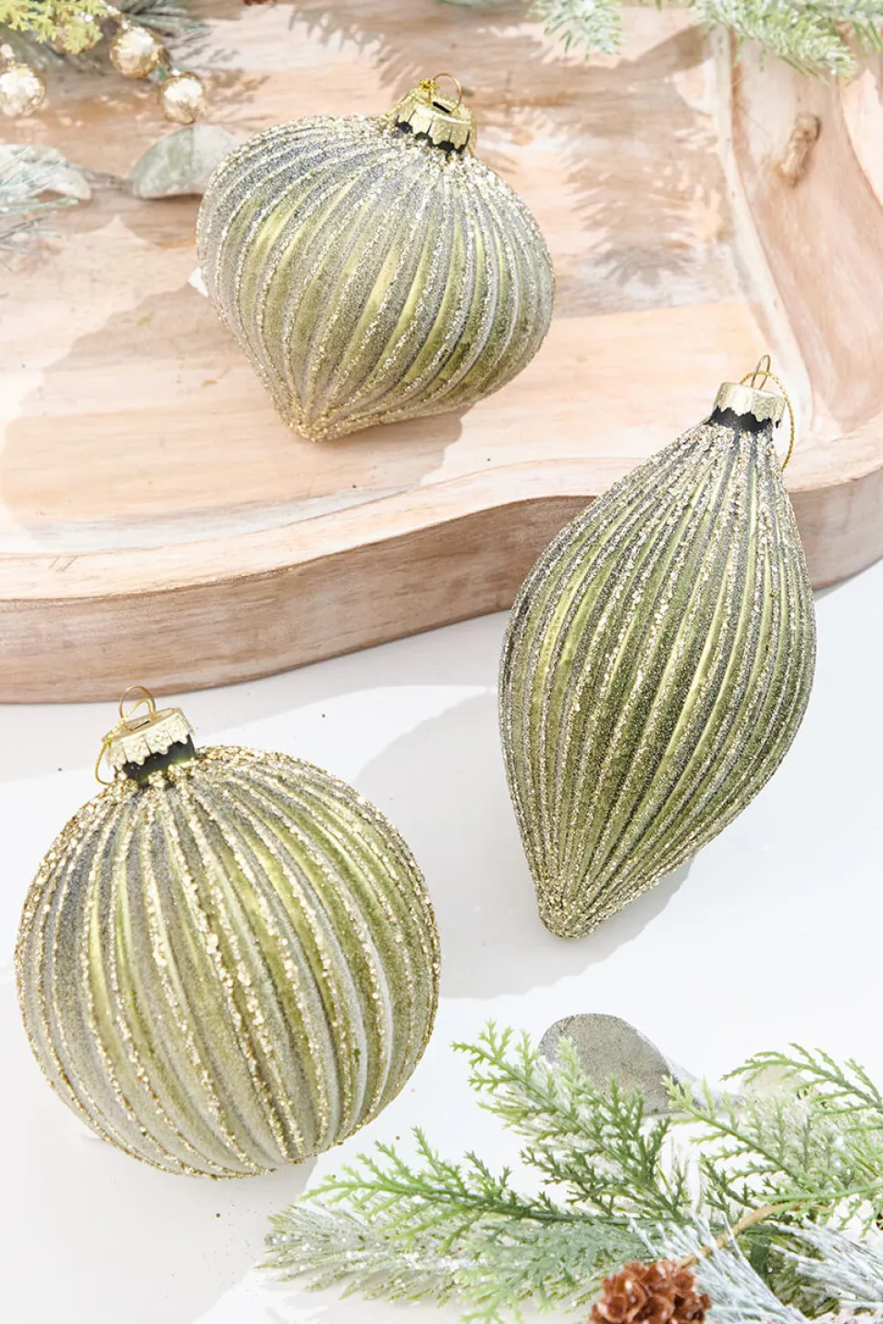 4.25" - 6" Light Green Ribbed Glass Ornaments