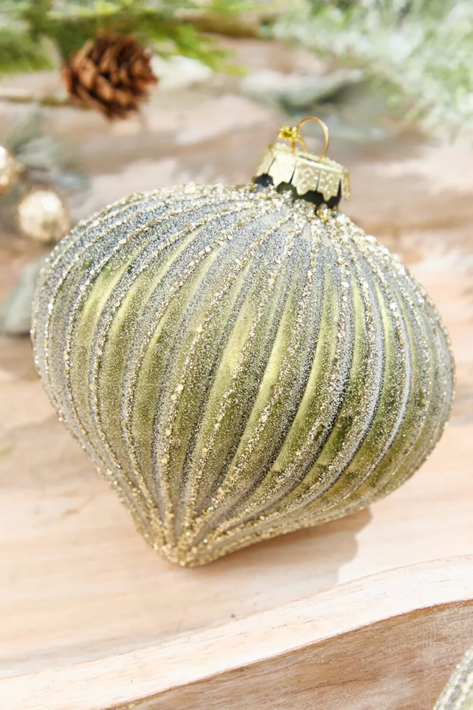 4.25" - 6" Light Green Ribbed Glass Ornaments