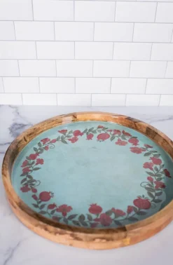 15" Mango Wood Pomegranate Wreath Tray