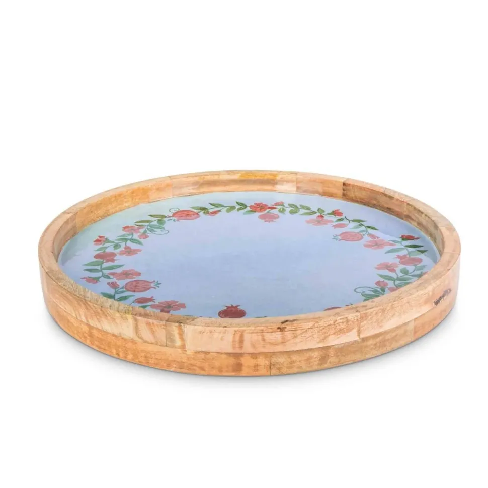 15" Mango Wood Pomegranate Wreath Tray