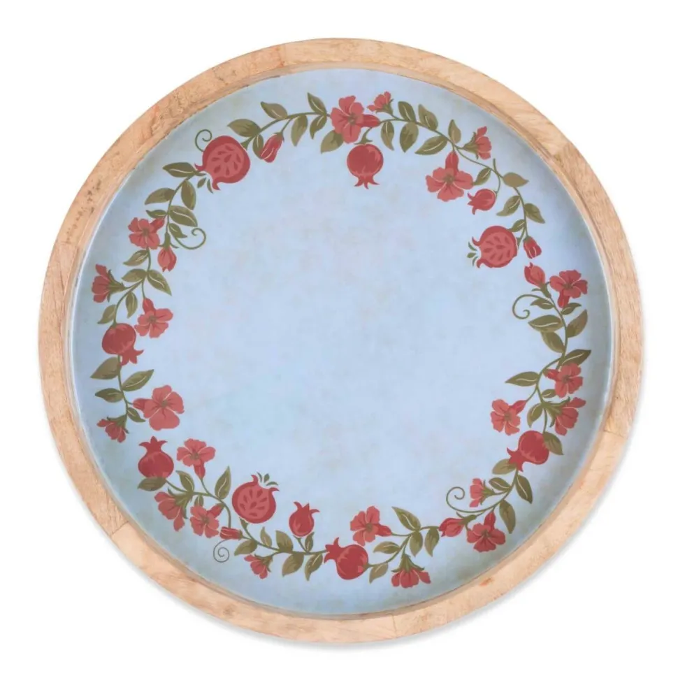 15" Mango Wood Pomegranate Wreath Tray