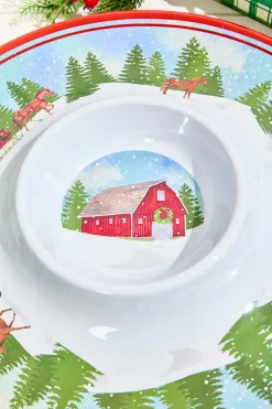 14.96" Melamine Holiday Barn Design Chip & Dip Plate