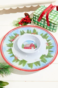 14.96" Melamine Holiday Barn Design Chip & Dip Plate