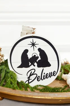 8" Metal Believe with Nativity Scene - Black/White